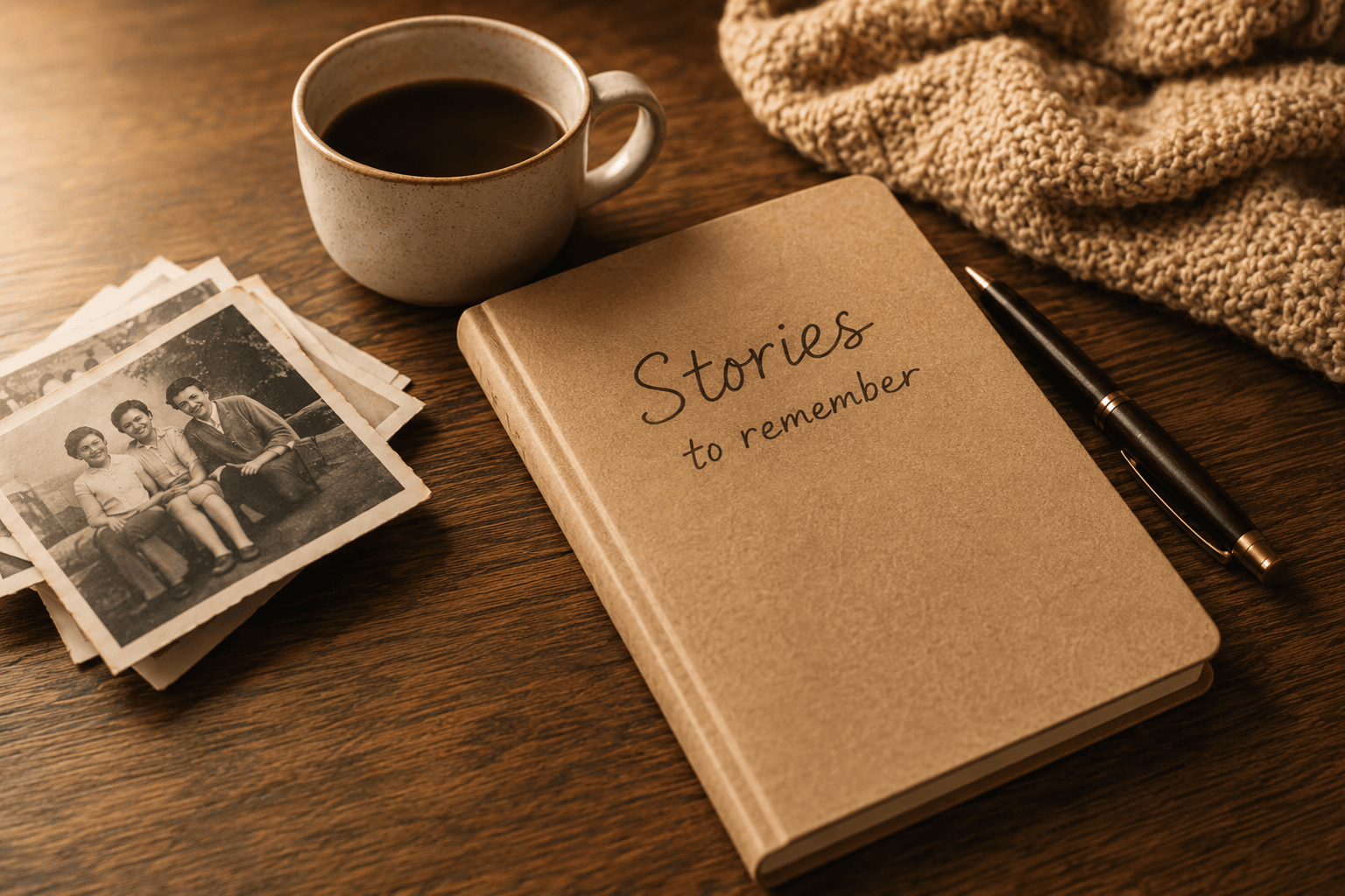A journal titled Stories to remember, next to a cup of coffee and a stack of old family photographs