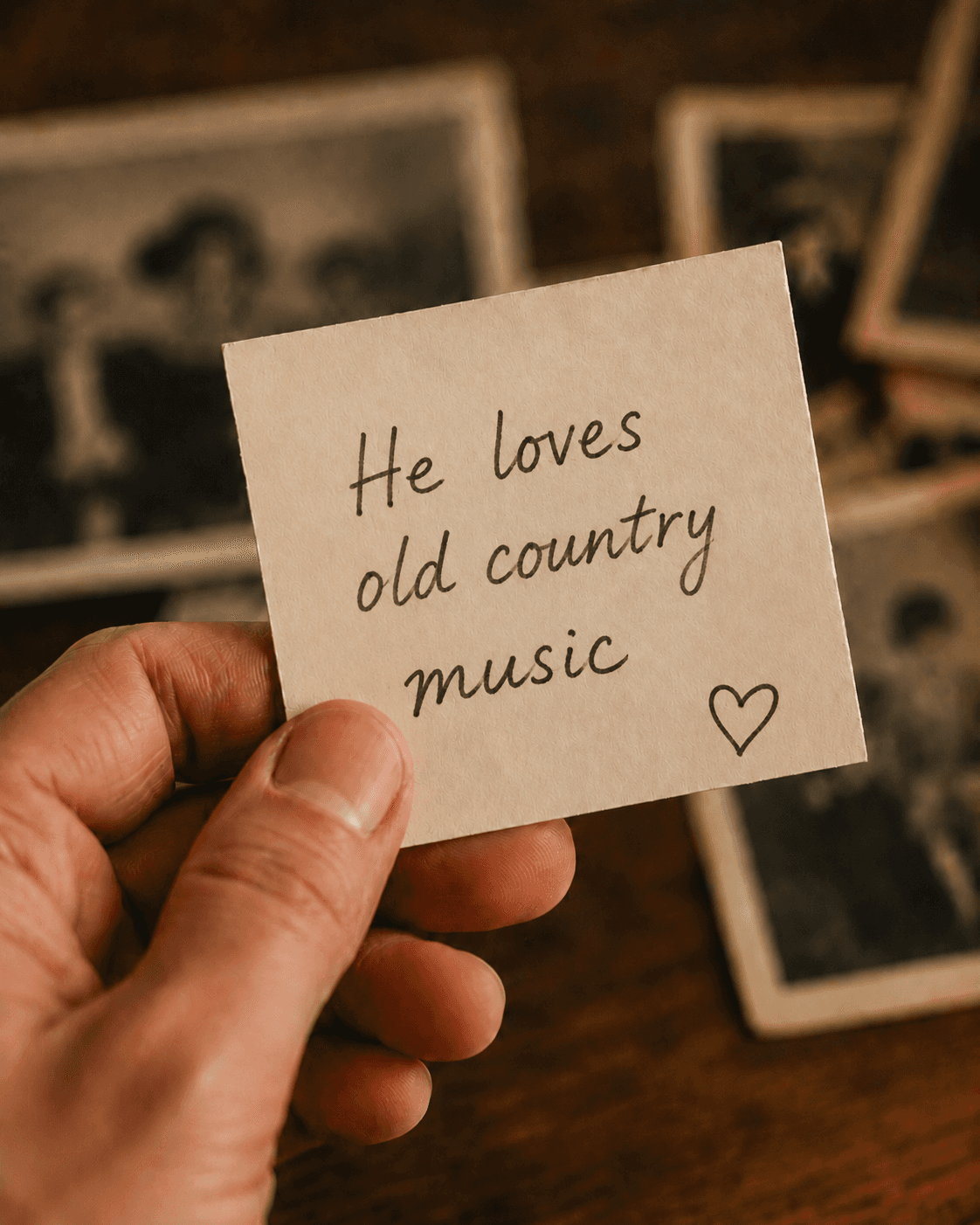 A handwritten note reading 'He loves old country music' held in front of old family photographs